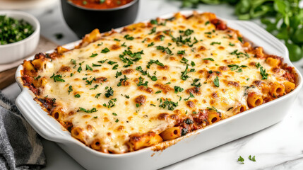Baked ziti with melted cheese and herbs, perfect for comforting meal