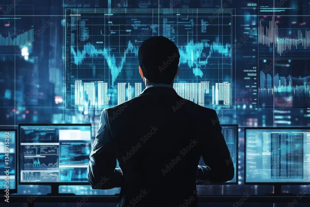 Poster business professional analyzing data trends on multiple screens in a high-tech office environment fo