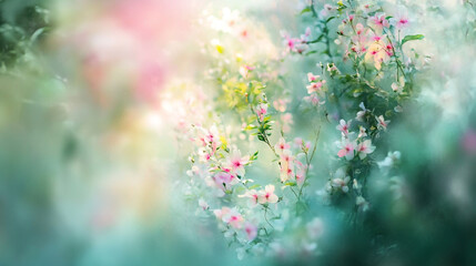 A blurred garden with colorful flowers in the foreground with bokeh effect, Bright pink cherry blossoms flourishing in soft light, A peaceful garden filled with flowers use for decor and wedding card.