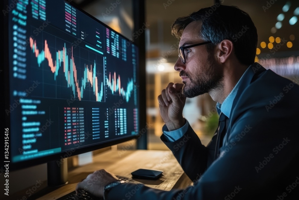 Poster business professional analyzing stock market data on computer screen at night, focused individual in