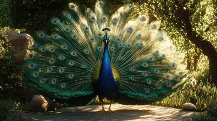 Obraz premium Majestic Peacock in a Sunlit Forest