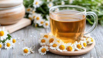 close up of chamomile tea in glass cup surrounded by flowers, evoking calmness