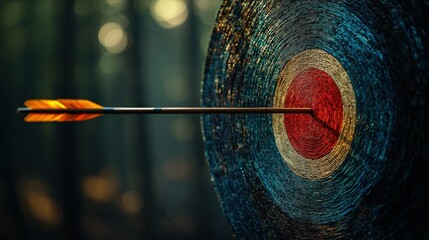 Arrow hitting bullseye in a forest