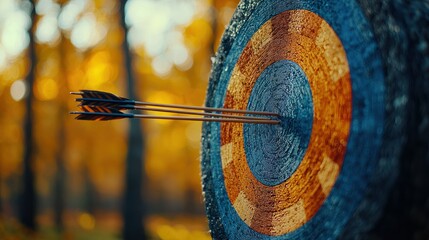 Archery target in autumn forest. Arrows embedded in the center
