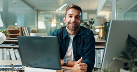 Portrait, businessman and journalist with laptop in office, research and news for publication....