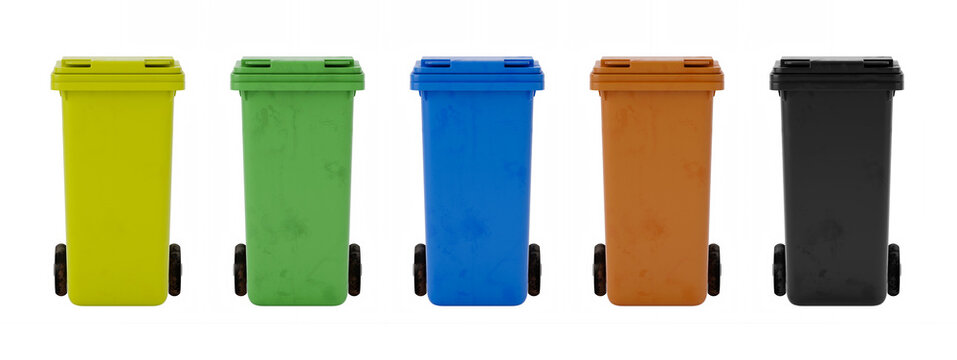 Row of Colored Wheeled Recycling Bins Representing Waste Separation and Environmental Awareness 3D Rendering