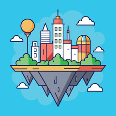 Naklejka premium Floating Fantasy City Vector Illustration, A colorful vector illustration of a floating fantasy city with domed buildings, towers, and lush greenery, set against a blue sky. 