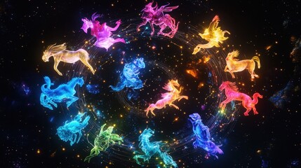 The 12 zodiac signs arranged in a glowing celestial circle, with vibrant constellations in the background.