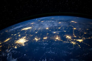 Obraz premium Earth from Space, Illuminated Cities at Night, Stars