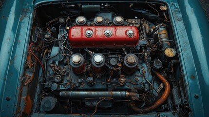 An engine bay viewed from above, prominently displaying worn-out engine mounts.