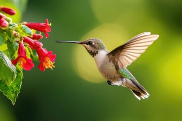 Fototapeta premium Hummingbird in flight near red flowers