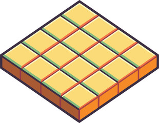 Isometric Puzzle Grid with Colorful Tiles Vector, An isometric vector illustration of a 4x4 puzzle grid with yellow and green tiles, perfect for puzzle games or educational designs.
