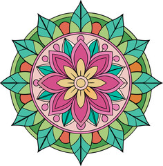 Floral Mandala Design Vector Illustration, A vibrant floral mandala vector design with pink petals and green leaves, perfect for decorative patterns and artistic designs.
