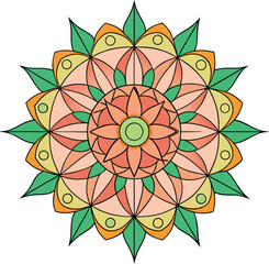 Symmetrical Mandala Flower Vector Design, A symmetrical mandala flower vector design with soft peach and green tones, ideal for patterns and decorative art.
