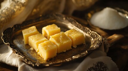Traditional Mysore Pak served in a silver tray with ghee and sugar in the background, highlighting its rich ingredients.