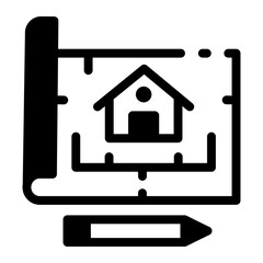 Home plan with a pen, glyph style icon 

