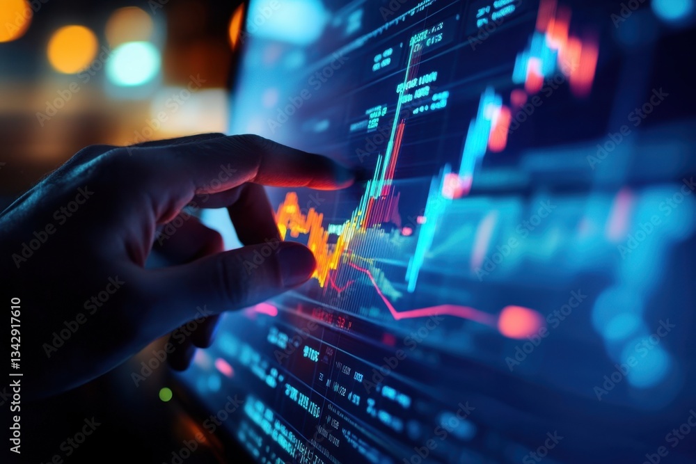 Poster data analysis with hand pointing at digital stock market graph showing price trends and financial da