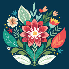 Floral bouquet vector design with dark background, A colorful floral bouquet vector design featuring a variety of flowers and leaves on a dark blue background.
