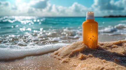 A sun-baked beach, where the warm sand kissed skin and a generous layer of sunscreen, a beacon of protection against the sun is rays.