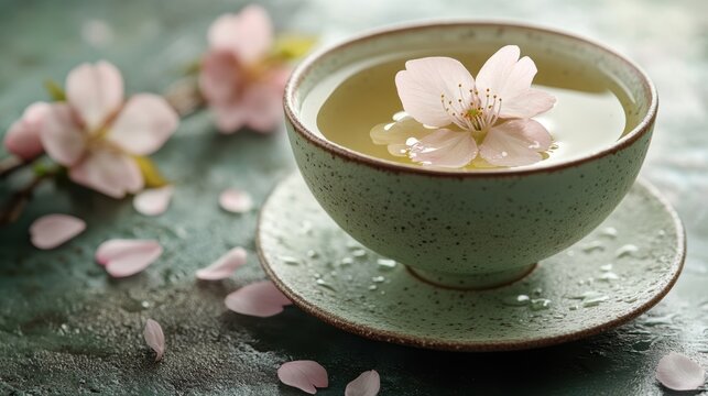 A delicate cup of green tea, adorned with a single, delicate cherry blossom, evokes a sense of tranquility and springtime beauty.
