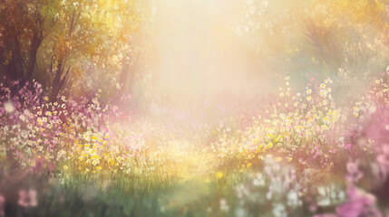 Fototapeta premium A blurred garden with colorful flowers in the foreground with bokeh effect, Bright pink cherry blossoms flourishing in soft light, A peaceful garden filled with flowers use for decor and wedding card.