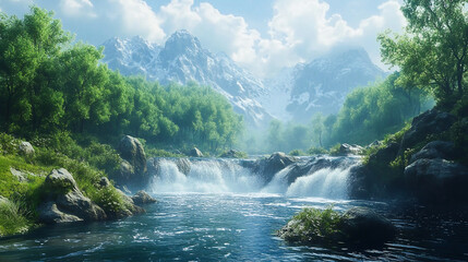 Fototapeta premium A raging river in the mountains with submerged trees and rocks captures the essence of chaos, evoking a powerful sense of nature's force, minimalistic yet intense, with a bright modern tone