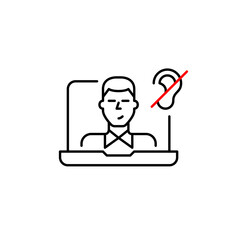 Man on laptop and ear crossed. User audio muted. Pixel perfect, editable stroke vector icon