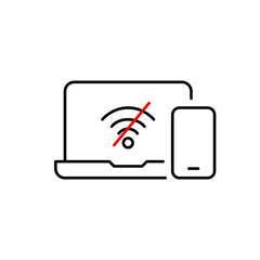 Laptop, smart phone and no wi-fi symbol. Lost internet connection, offline mode. Pixel perfect, editable stroke vector icon
