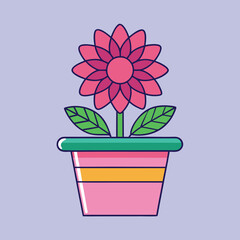 Flower Pot Vector Illustration, Colorful vector illustration of a pink sunflower with green leaves in a striped pot, perfect for gardening and home decor designs.
