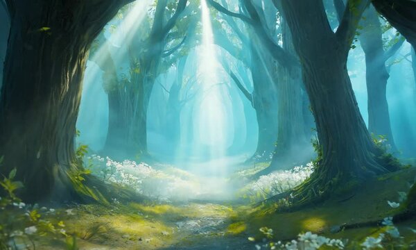 A misty forest pathway winds through tall, dark trees with soft sunlight filtering through the canopy, illuminating patches of white flowers along the ground.