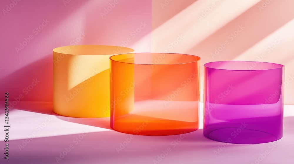 Poster three translucent cylindrical objects of vibrant different colors