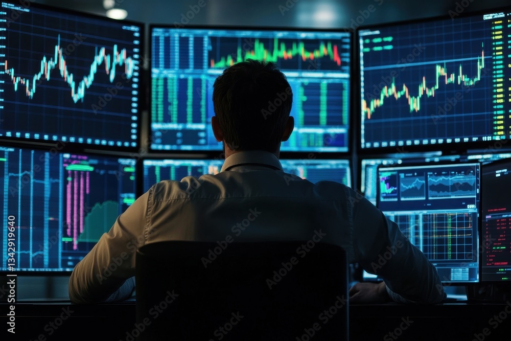 Poster professional trader analyzes market trends and financial data on multiple monitors in a modern tradi