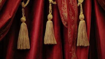 Vintage-style red stage curtains with intricate golden tassels, creating a timeless theatrical ambiance.