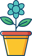 Flower Pot Vector Illustration, Colorful vector illustration of a blue flower with green leaves in a yellow pot with an orange rim, ideal for gardening and home decor.
