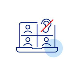 Video conference on laptop and user with ear crossed out with red line. Audio playback off, silent meeting mode. Hearing impaired or deaf members. Pixel perfect, editable stroke vector icon