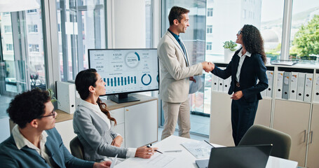 Meeting, finance or business people shaking hands in presentation for planning, charts or capital...