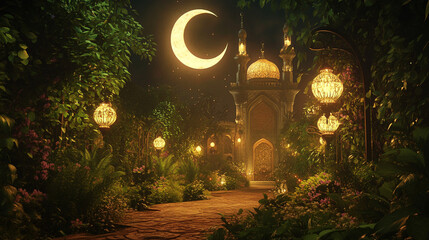 Elegant Night Mosque Scene with Moonlight and Lantern-Lit Pathway, showcasing an enchanting...
