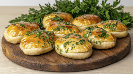 Freshly baked pastries topped with herbs on wooden platter