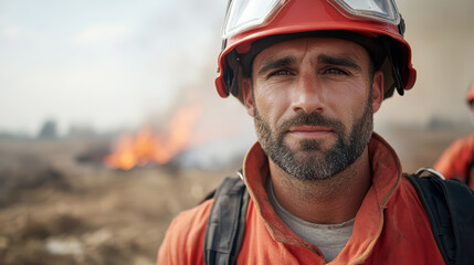 Fototapeta premium Brave firefighter leading rescue operation with determination and focus