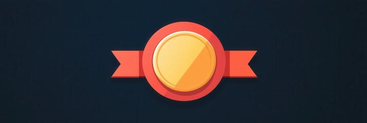 Colorful Badge Design with Shiny Gold Coin and Red Ribbon Background