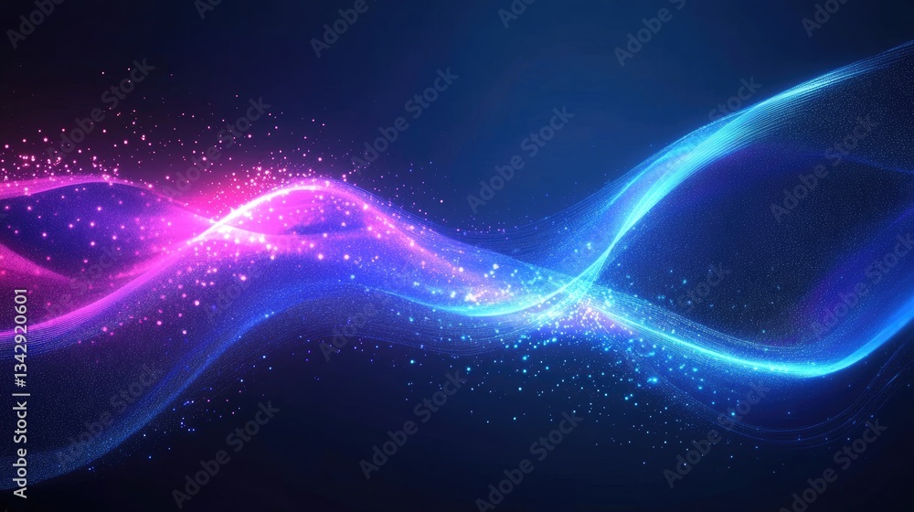 Poster glowing abstract blue and pink lines with sparkling particles move across space