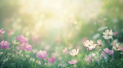 Beautiful nature at morning in the flower garden,  spring meadow with wildflowers scattered across the soft grass and flowers with bokeh effect, nature background. Serene fog, wildflower parade.