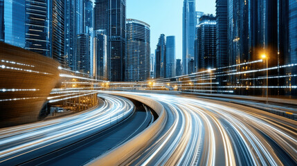 Fototapeta premium futuristic smart city with illuminated highways and skyscrapers