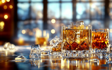 Stylish whiskey glasses with ice on a wooden table.