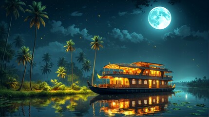 Moonlit Houseboat: A Tranquil Scene of a Houseboat Illuminated by Moonlight on the Backwaters, Evoking a Sense of Peace and Serenity in a Tropical Paradise. 1