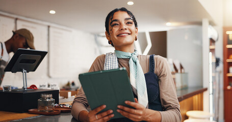 Tablet, thinking and happy with woman in cafe for online critic update, restaurant review idea and...