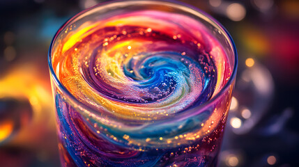 with glowing ice spheres floating in a vibrant, swirling liquid, and bioluminescent mist rising from the cup 