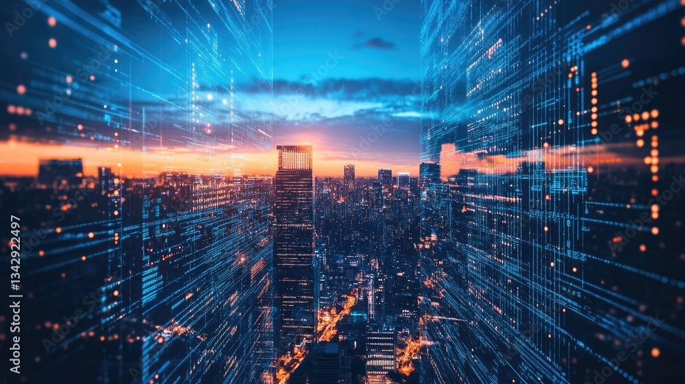 Poster futuristic cityscape depicting network data processing and digital transformation