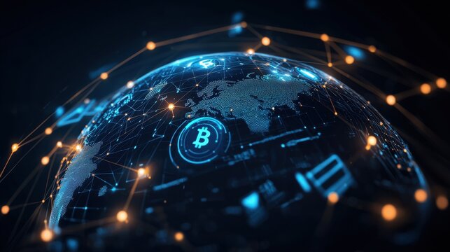A glowing globe made of digital currency symbols floating in space, representing global finance, wealth, and investment.