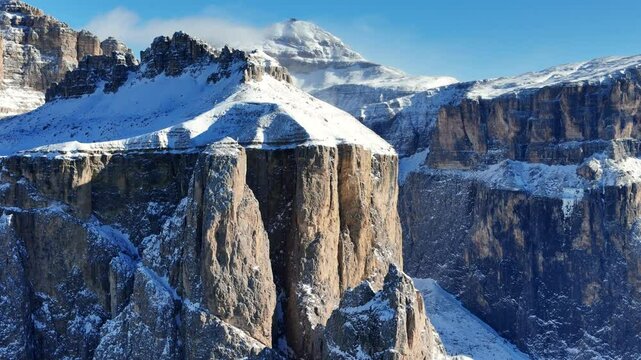 Reveal shot of outstanding valley in the Italian Dolomites during winter season